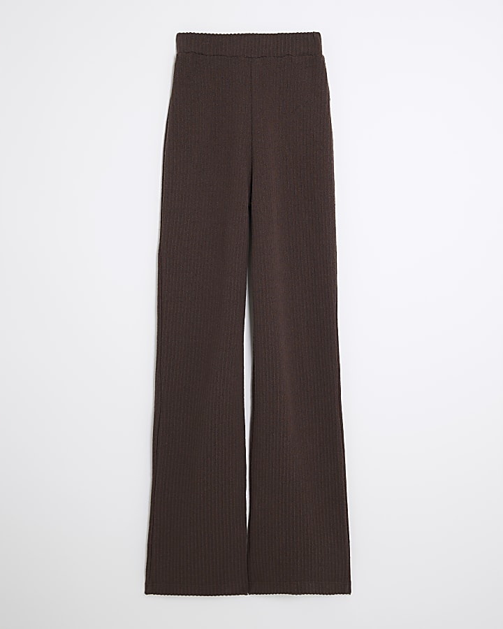 Brown Textured Wide Leg Trousers
