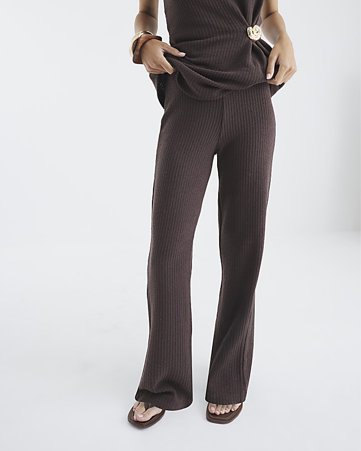 Brown Textured Wide Leg Trousers