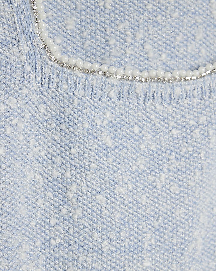 Blue Boucle Embellished Trim Vest