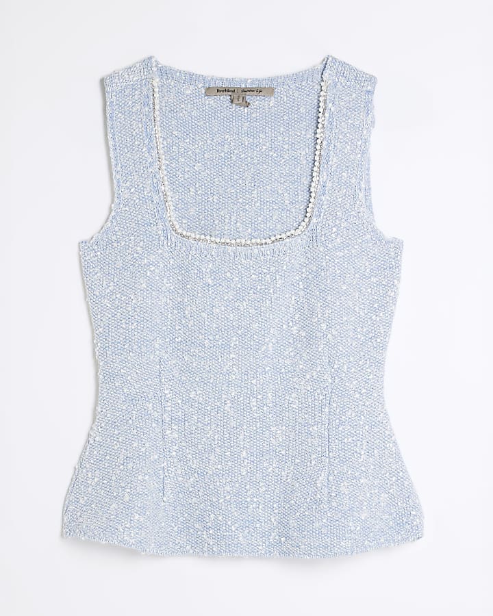 Blue Boucle Embellished Trim Vest