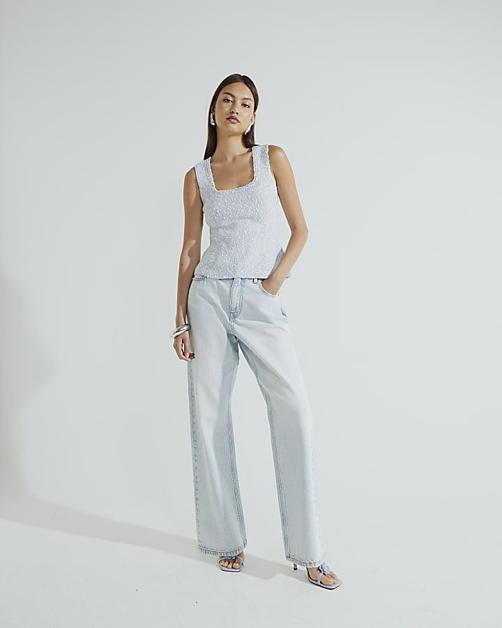 Blue Boucle Embellished Trim Vest