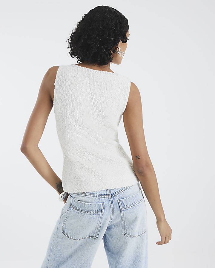 White Boucle Embellished Trim Vest