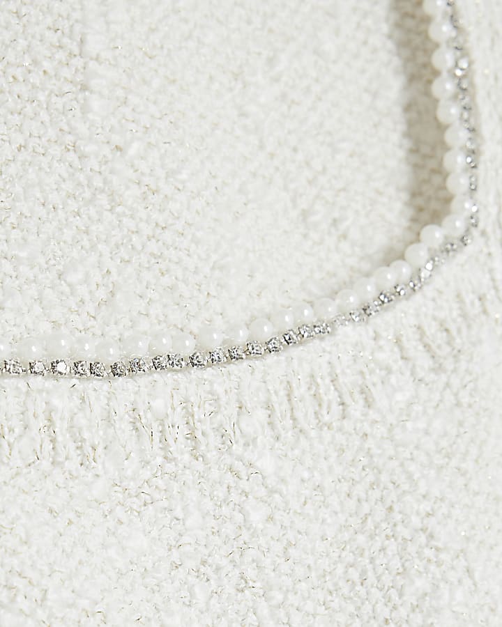 White Boucle Embellished Trim Vest