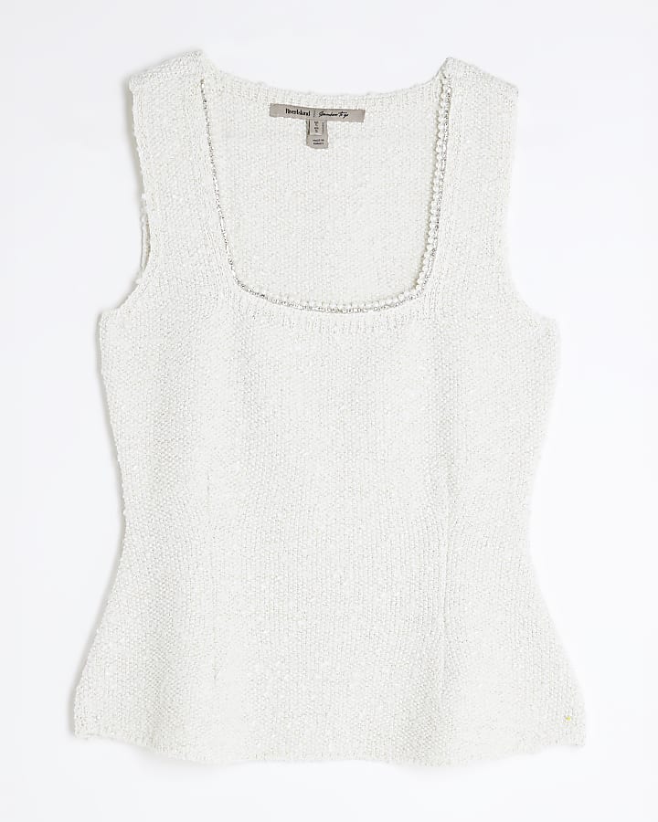 White Boucle Embellished Trim Vest