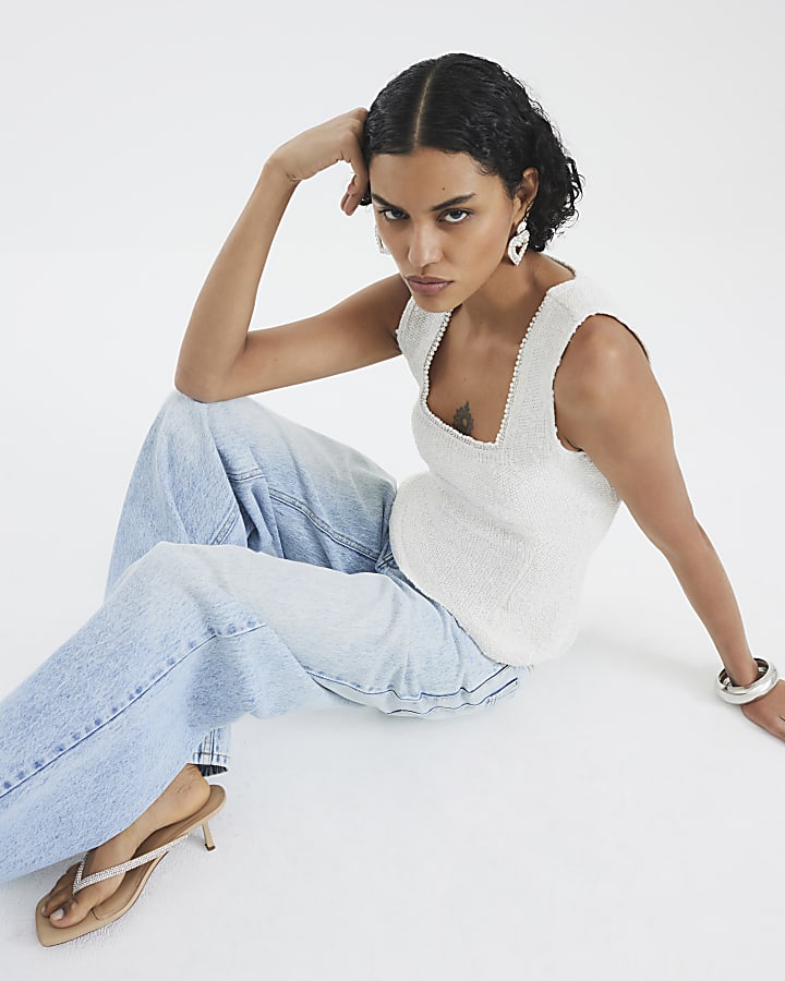 White Boucle Embellished Trim Vest