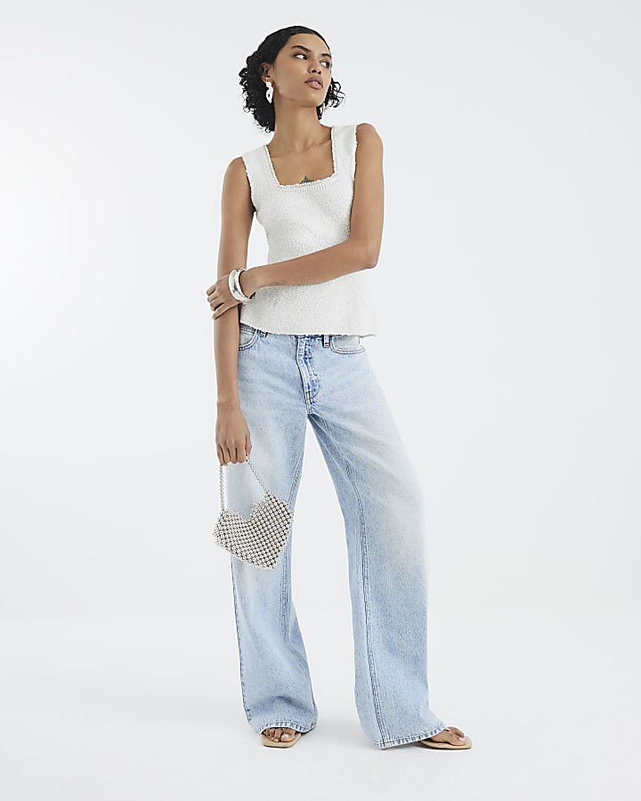White Boucle Embellished Trim Vest