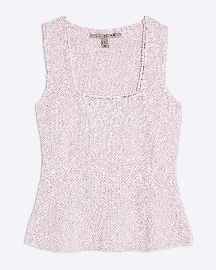 Pink Boucle Embellished Trim Vest