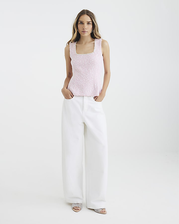 Pink Boucle Embellished Trim Vest