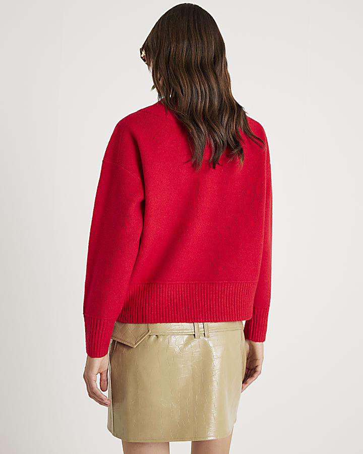 Red Knitted V Neck Jumper