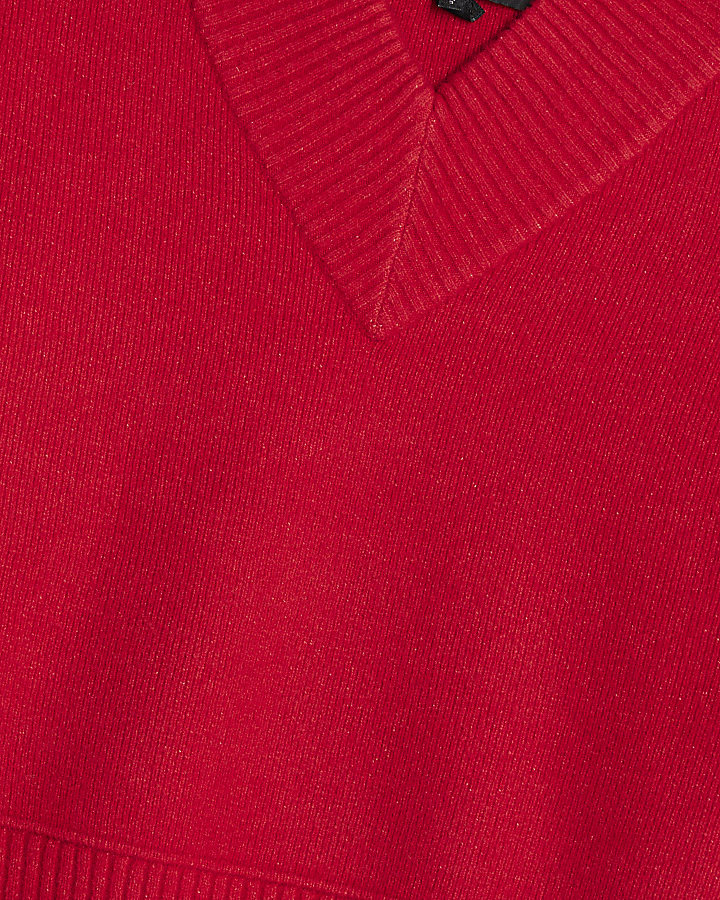 Red Knitted V Neck Jumper