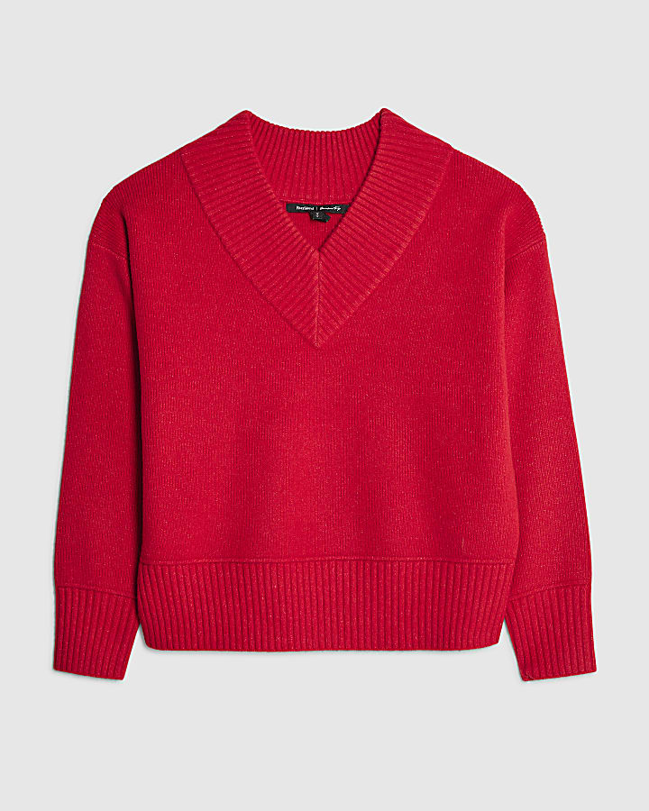 Red Knitted V Neck Jumper