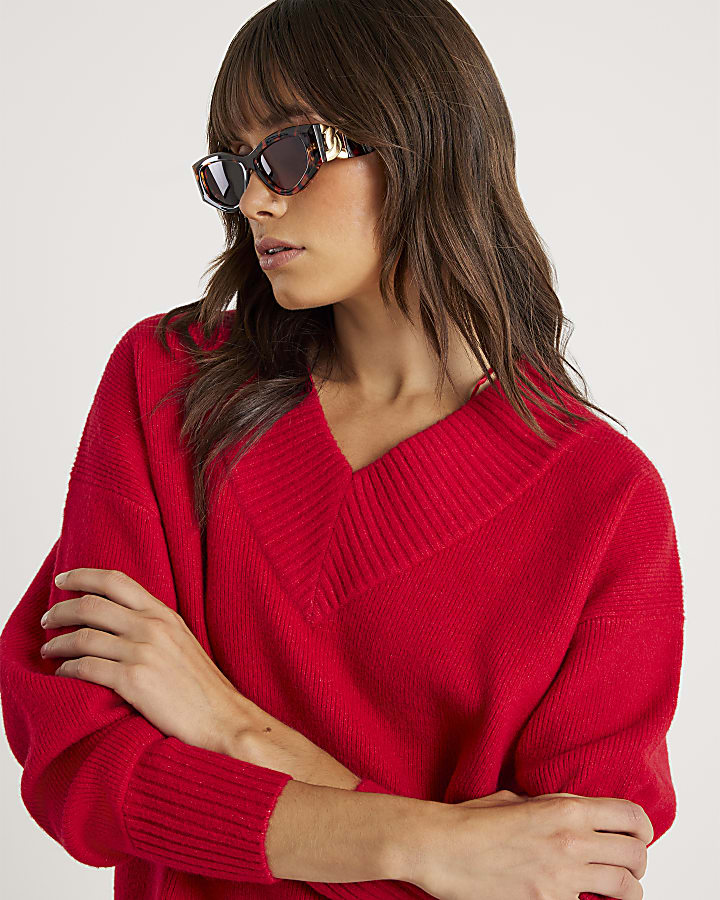 Red Knitted V Neck Jumper