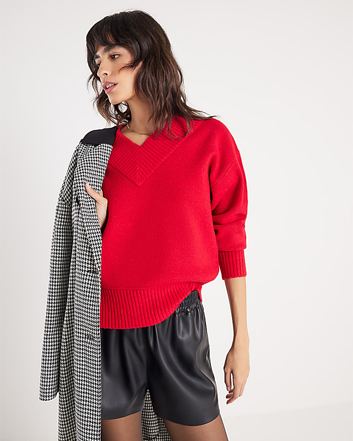 Red Knitted V Neck Jumper