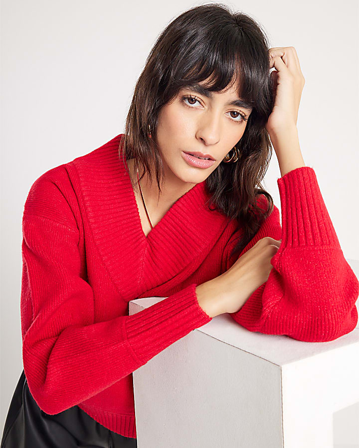 Red Knitted V Neck Jumper