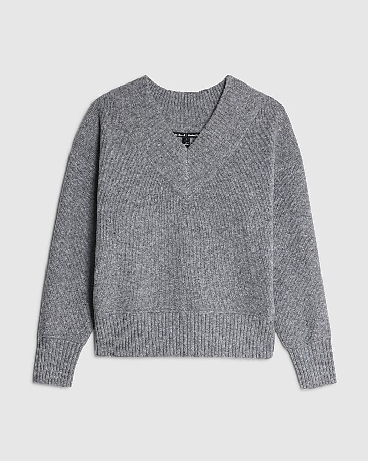 Grey Knitted V Neck Jumper