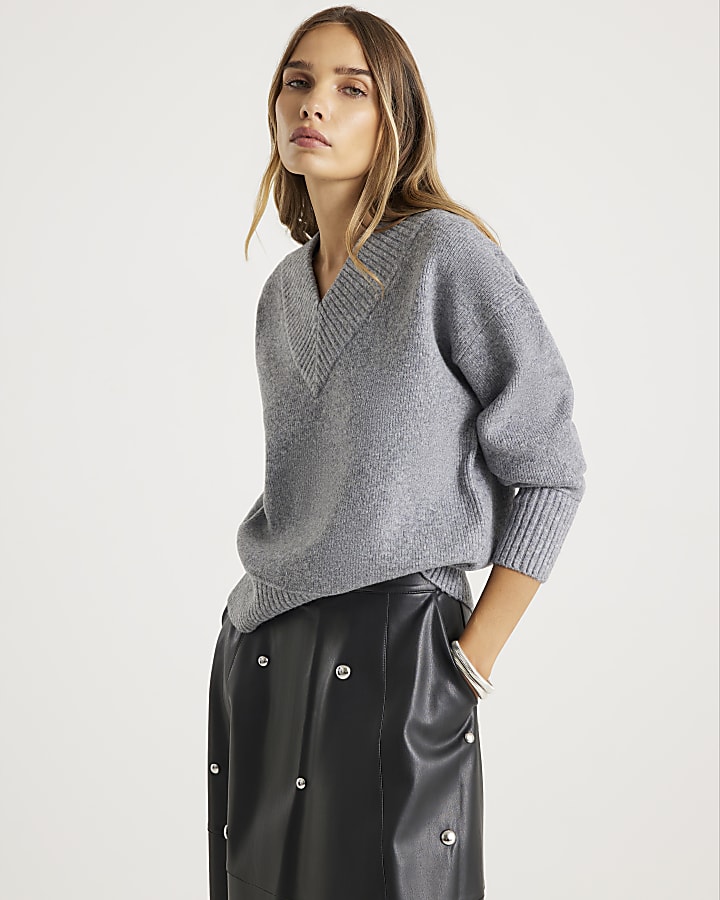 Grey Knitted V Neck Jumper
