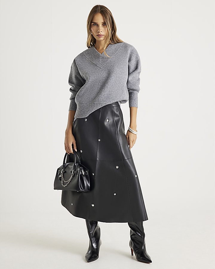 Grey Knitted V Neck Jumper