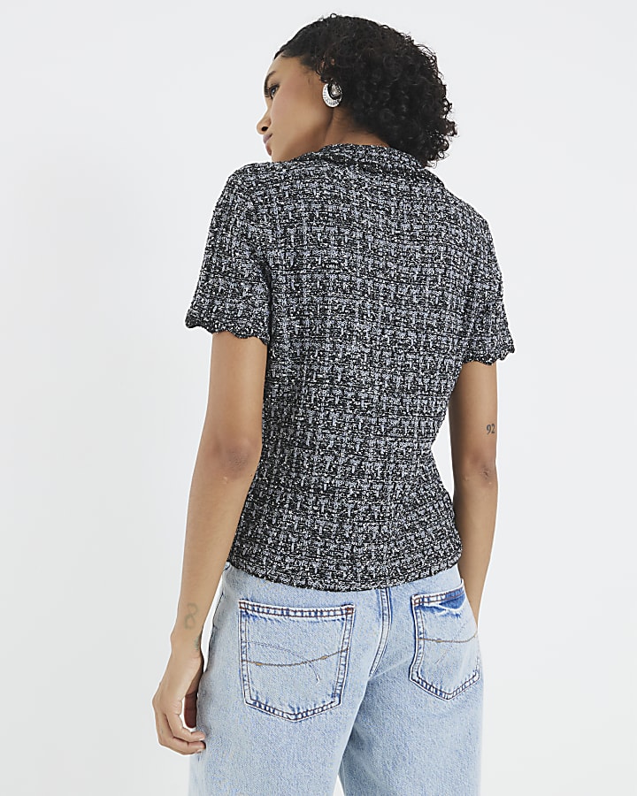 Grey Button Detail Boucle Collared Top