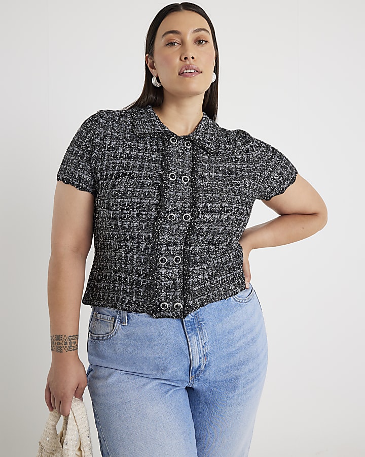 Grey Button Detail Boucle Collared Top