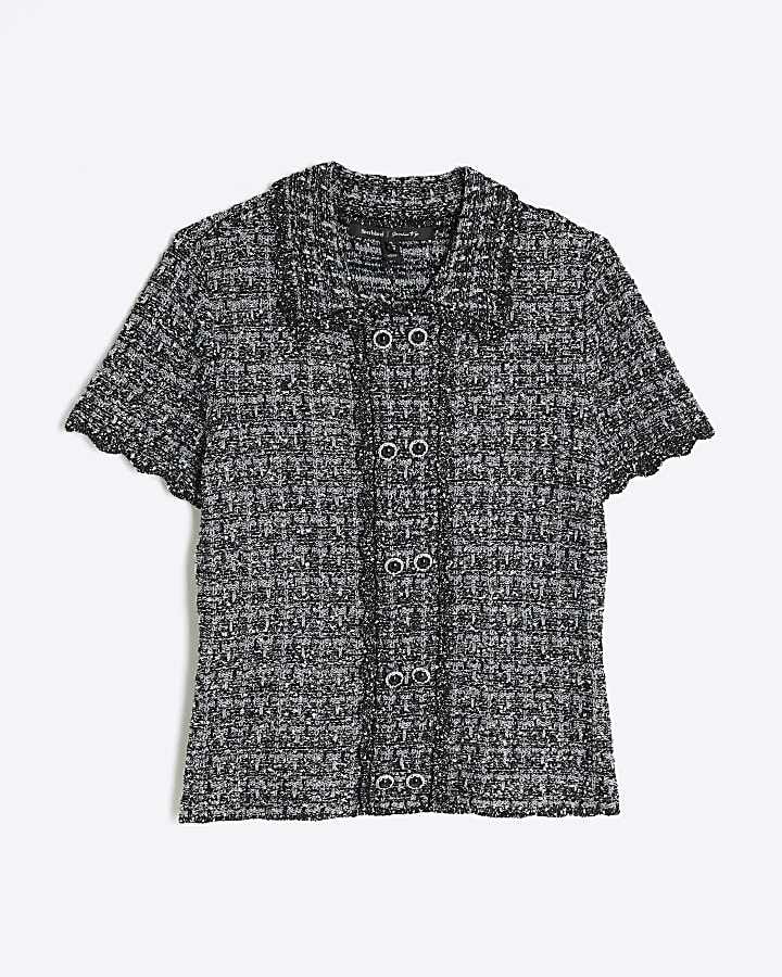 Grey Button Detail Boucle Collared Top