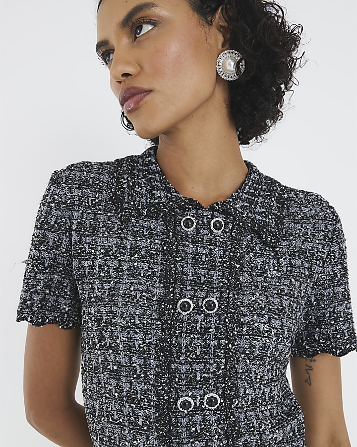 Grey Button Detail Boucle Collared Top