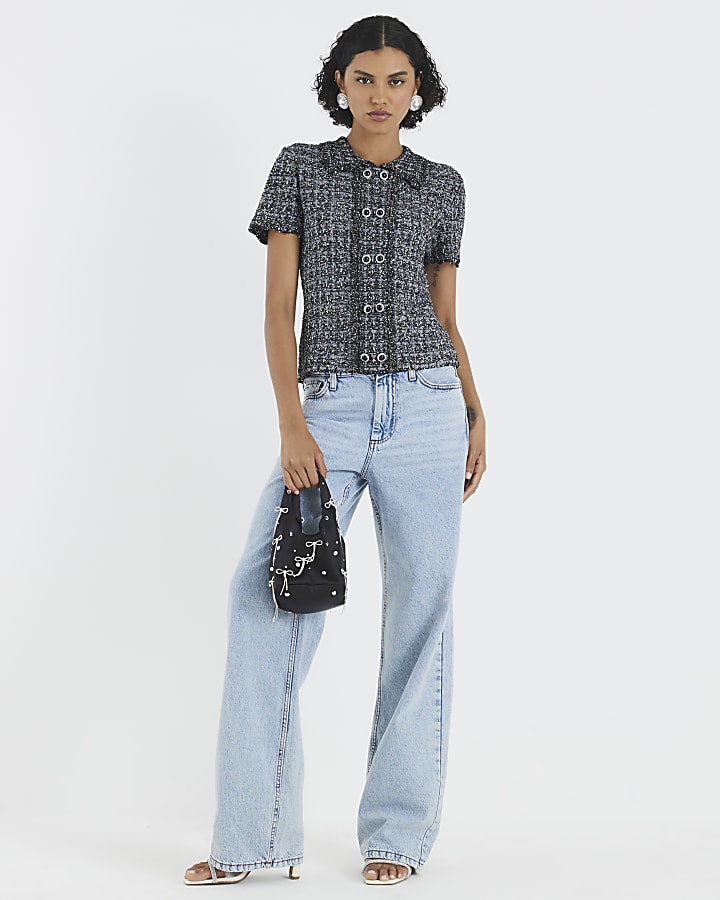 Grey Button Detail Boucle Collared Top