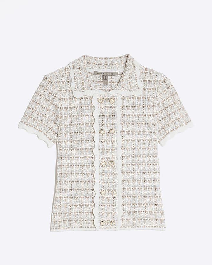 Cream Boucle Button Detail Collared Top