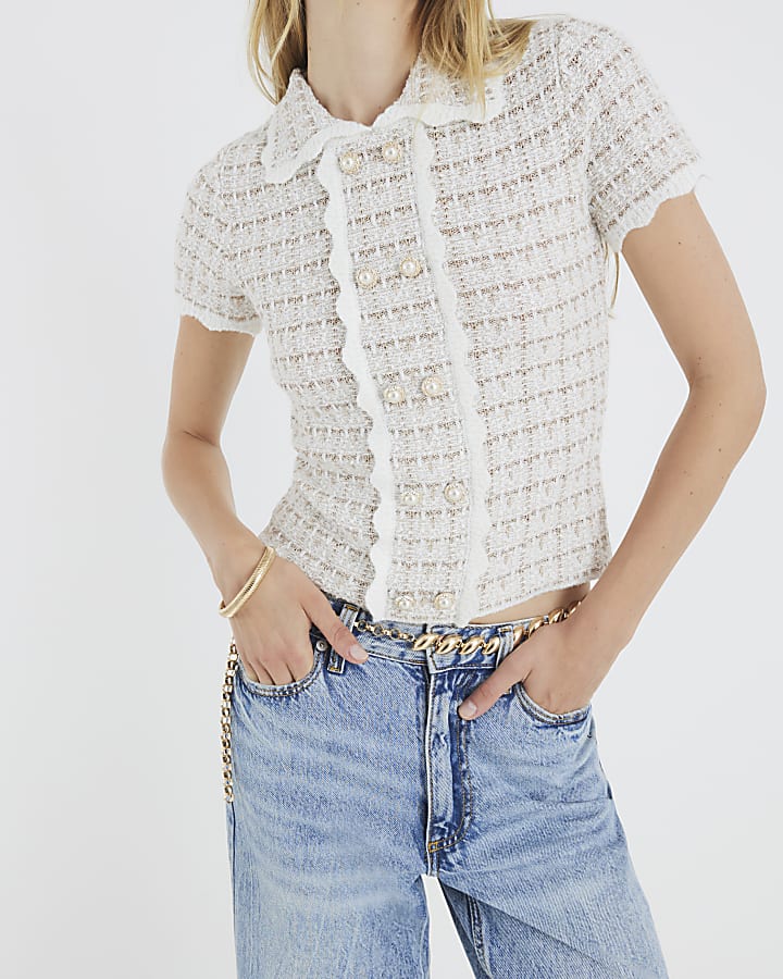Cream Boucle Button Detail Collared Top