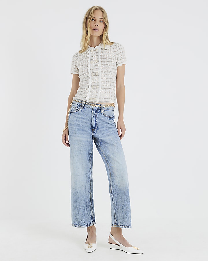 Cream Boucle Button Detail Collared Top