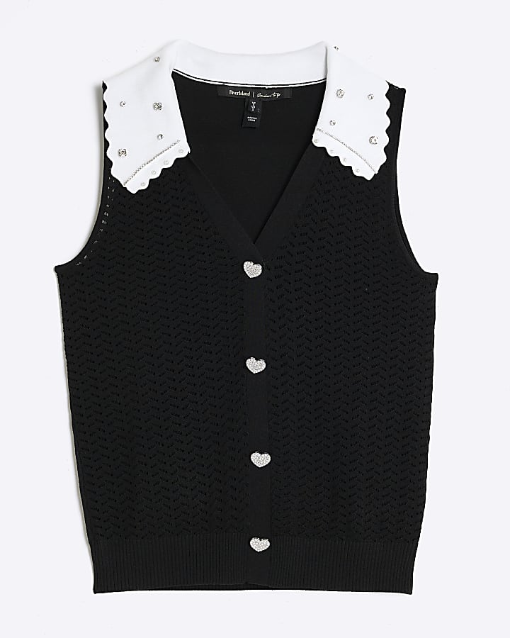 Black Embellished Collar Sleeveless Knit Top