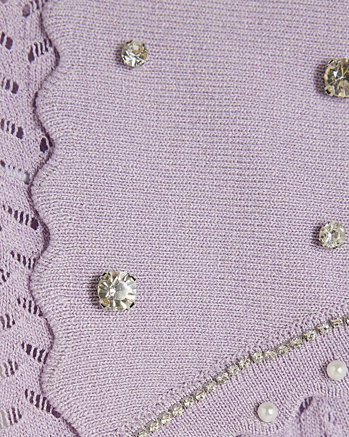 Purple Embellished Collar Sleeveless Knit Top