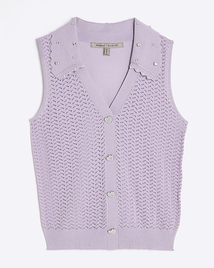 Purple Embellished Collar Sleeveless Knit Top