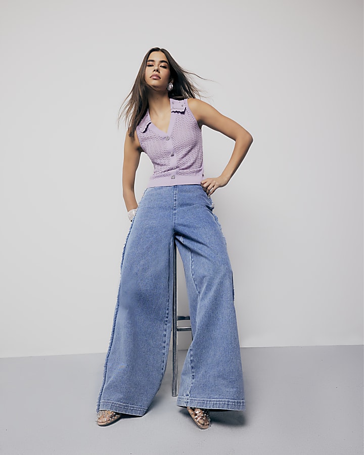 Purple Embellished Collar Sleeveless Knit Top