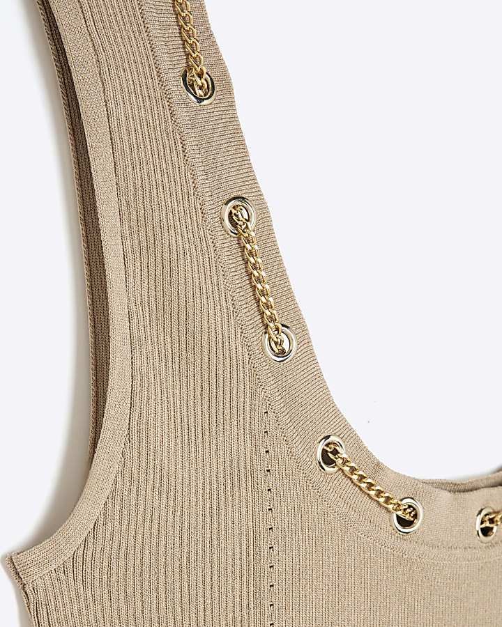 Brown Sleeveless Chain Detail Vest Top