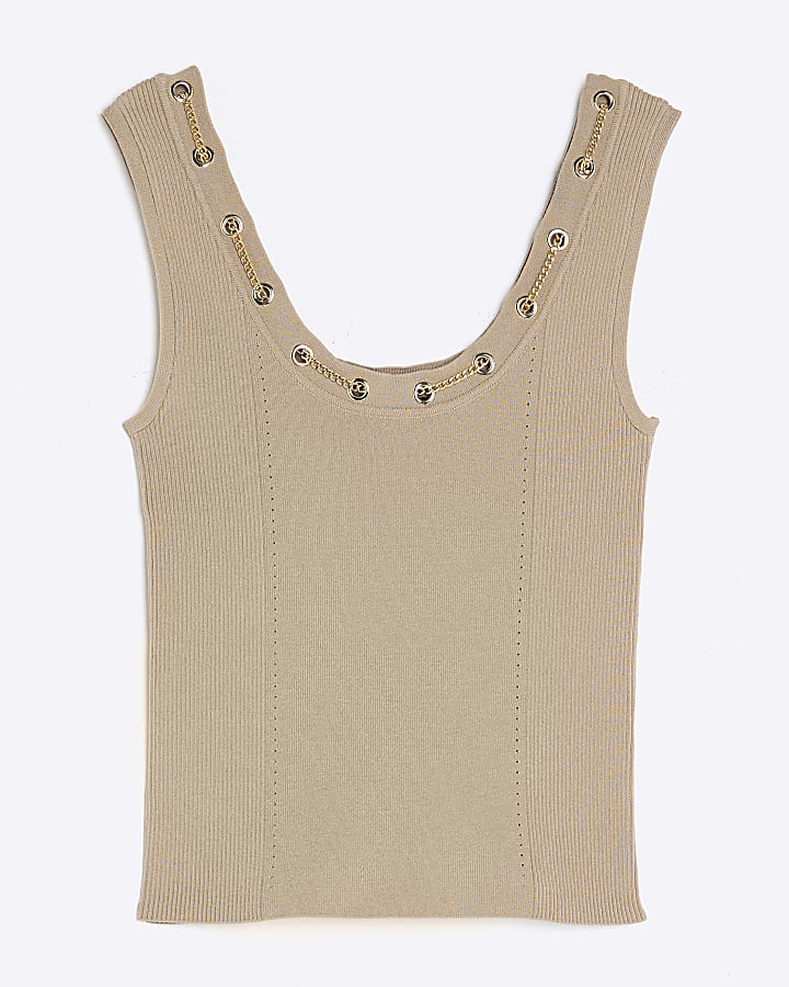 Brown Sleeveless Chain Detail Vest Top