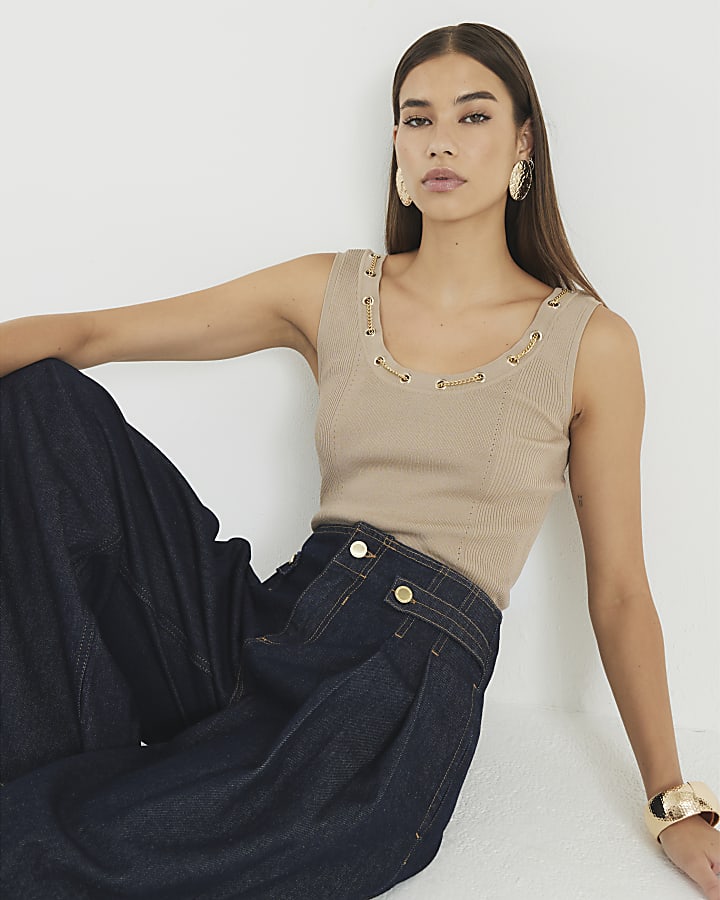 Brown Sleeveless Chain Detail Vest Top