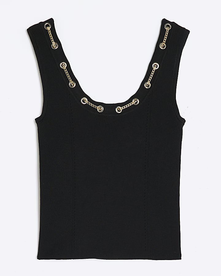 Black Sleeveless Chain Detail Vest Top