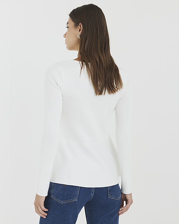White Knitted Long Sleeve Peplum Top