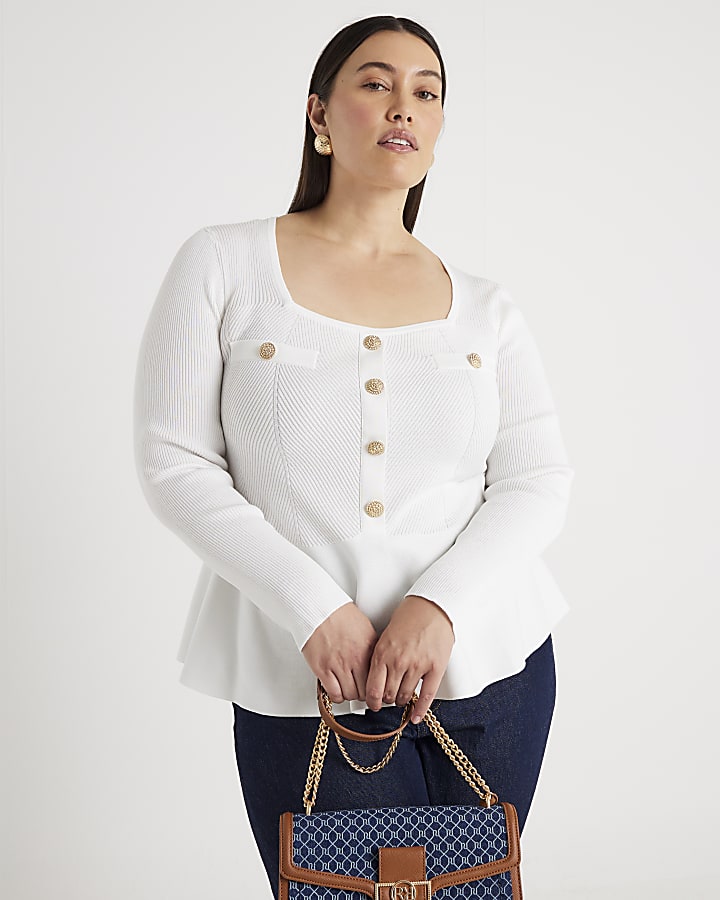 White Knitted Long Sleeve Peplum Top