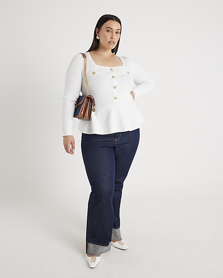 White Knitted Long Sleeve Peplum Top