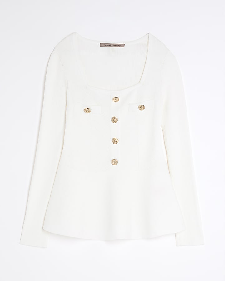 White Knitted Long Sleeve Peplum Top