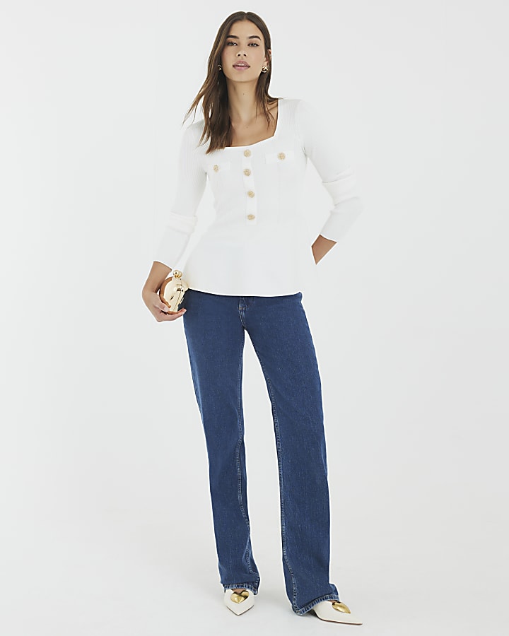 White Knitted Long Sleeve Peplum Top