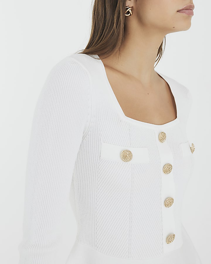 White Knitted Long Sleeve Peplum Top