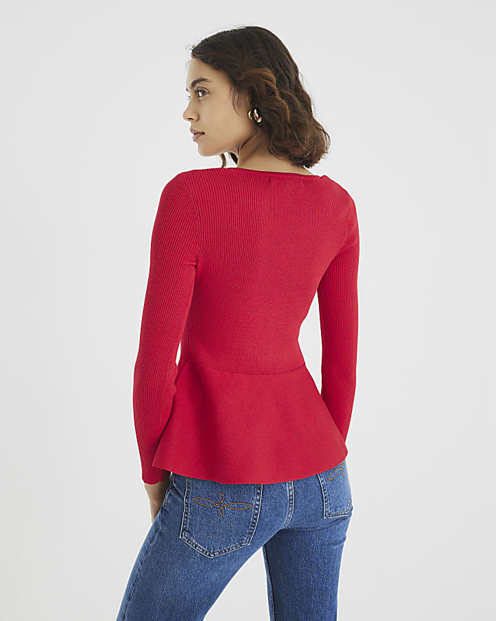 Red Knitted Long Sleeve Peplum Top