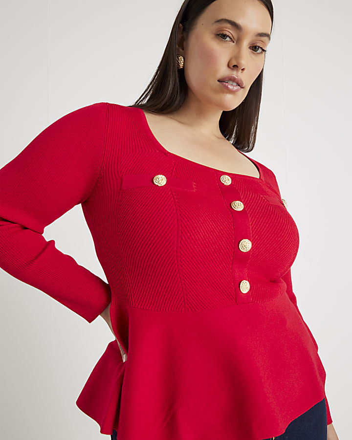 Red Knitted Long Sleeve Peplum Top