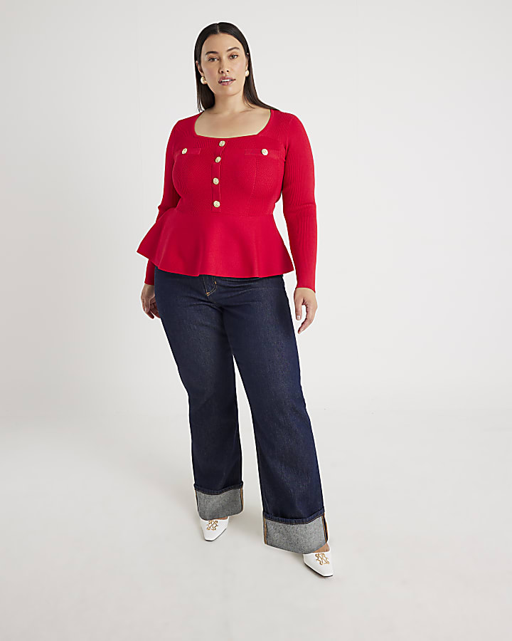 Red Knitted Long Sleeve Peplum Top