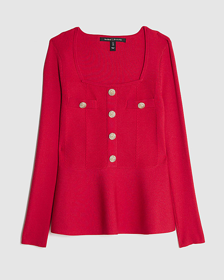 Red Knitted Long Sleeve Peplum Top