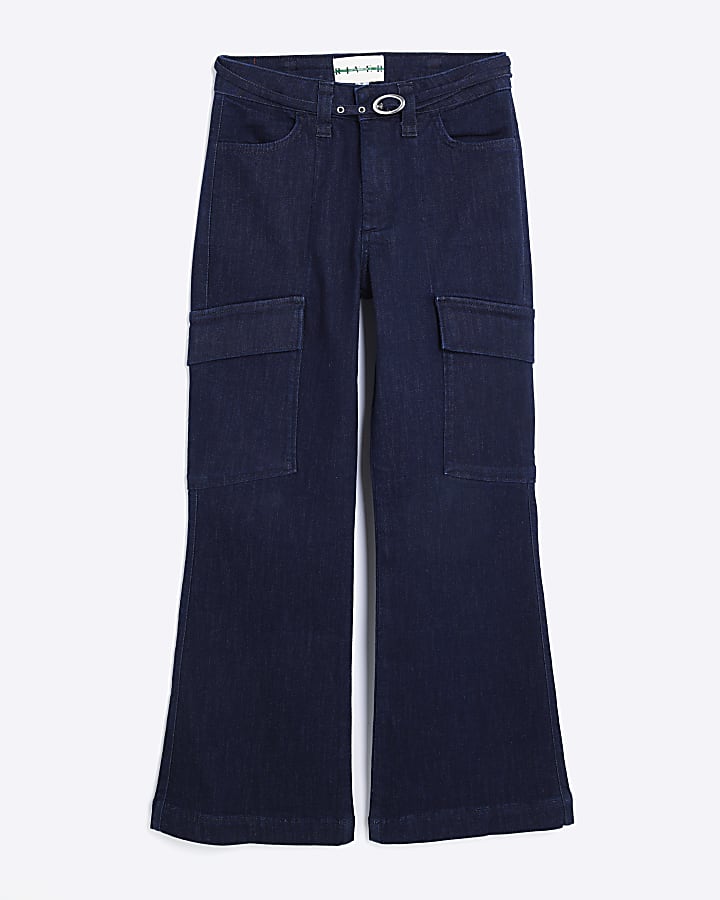 Petite Blue High Rise Relaxed Flare Jeans