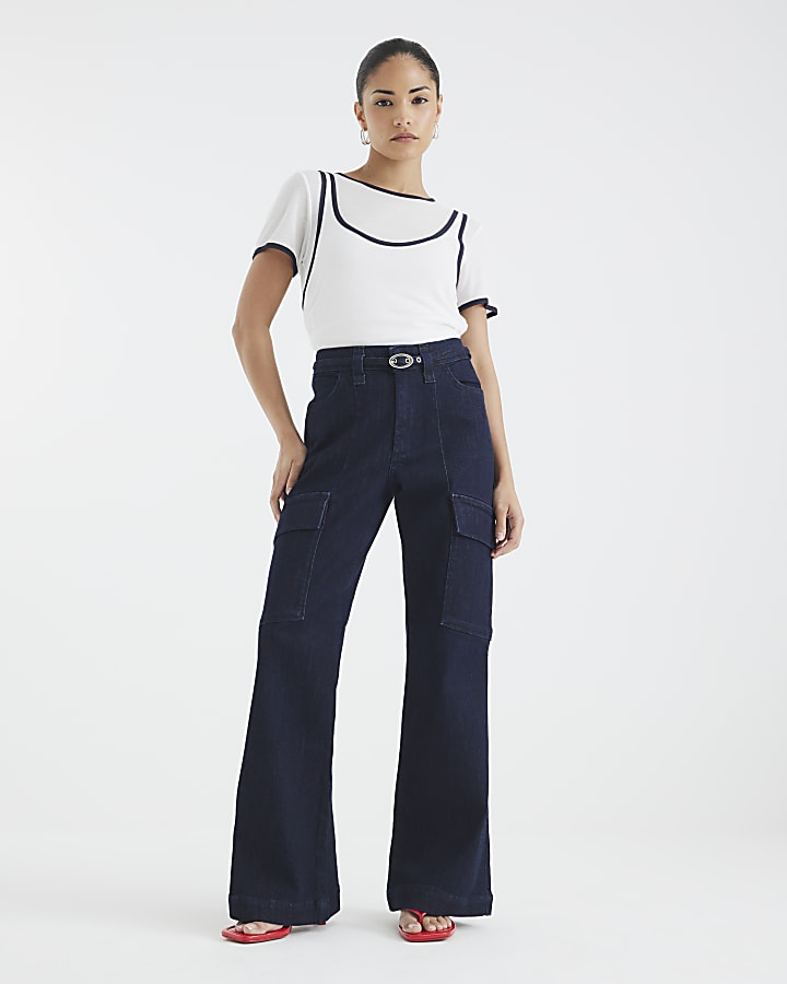 Petite Blue High Rise Relaxed Flare Jeans