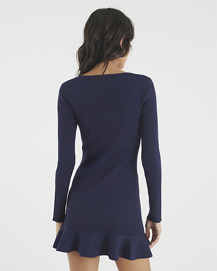 Navy Knitted Long Sleeve Peplum Mini Dress
